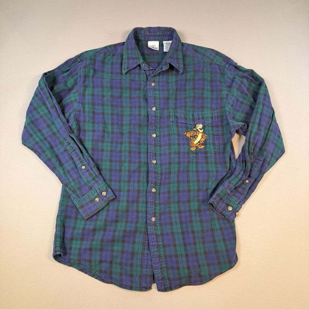 Vintage 90s Disney Tigger Flannel Shirt Mens Small Blue/Green Plaid Checkered HK